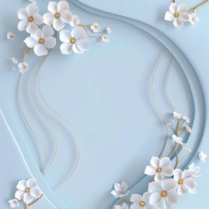 24 Clipart con cornice floreale, fiori bianchi, sfondo azzurro, design elegante, clipart di invito, creazione di biglietti, scrapbooking, uso commerciale