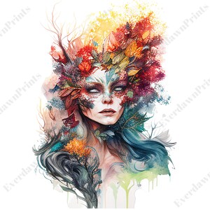 May include: A watercolor painting of a woman's face with a mask made of leaves and flowers. The woman has long, flowing hair and a serene expression. The colors in the painting are vibrant and earthy, with shades of red, orange, yellow, green, and blue.
