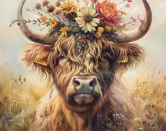 28 Clipart di mucca delle Highlands con corona floreale, mucca acquerello con fiori, decorazioni per fattoria stampabili, download immediato