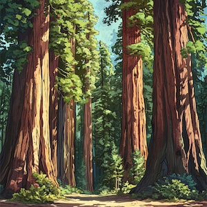 May include: A painting of a forest with tall, red-brown trees. The trees are very tall and have a rough bark texture. The forest is dense and the trees are close together. The light is coming from the top of the image, creating a sense of depth.