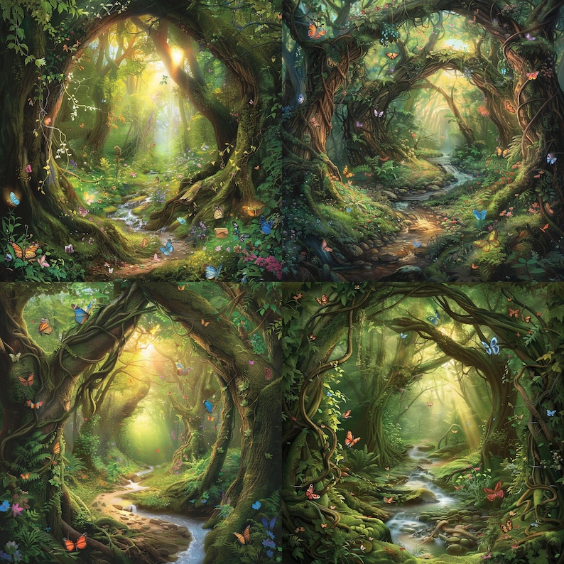 May include: A digital painting of a magical forest with a winding path and a stream. The forest is lush and green with tall trees and vines. Butterflies of various colors flutter around the path and stream. The sun shines through the trees, creating a warm and inviting atmosphere.