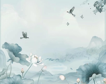 24 Clipart di fiori di loto, paesaggio ad acquerello, illustrazione di arte asiatica, grafica di uccelli in volo, arte digitale di scene di montagna, download digitale