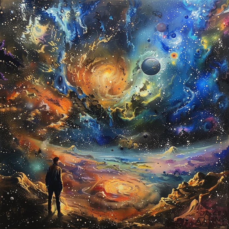 Puede incluir: Una pintura de un cielo nocturno estrellado con una galaxia giratoria en el centro. Una figura solitaria se encuentra en un afloramiento rocoso, mirando hacia el cielo.