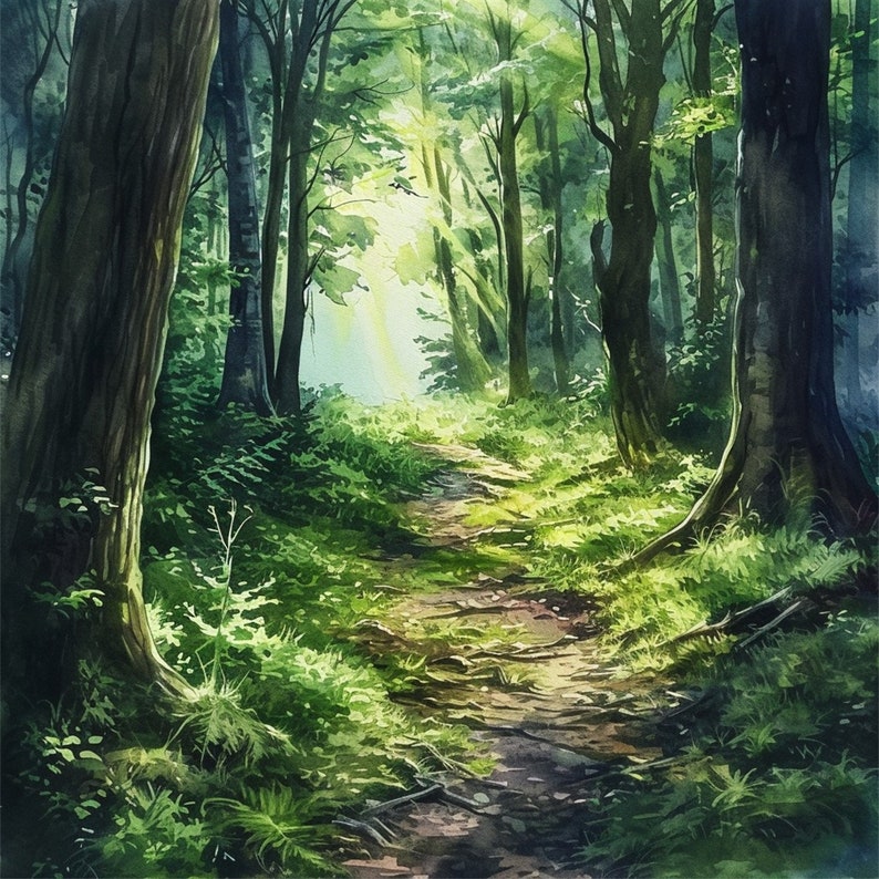 Mystical woodland scene with towering ancient trees and soft mist