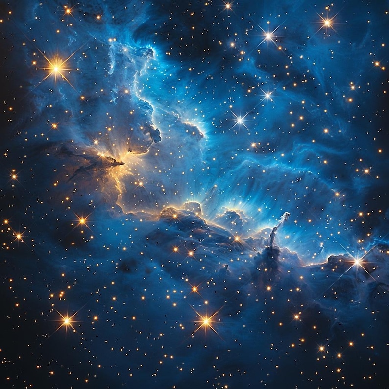 May include: A vibrant nebula with swirling clouds of gas and dust, illuminated by bright, twinkling stars. The nebula is a deep blue color, with areas of yellow and orange.