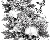 60 Floral Skull Clipart, Black and White Flower Art, Digital Download, Gothic Botanical Illustration, Tattoo Art, Flowers Watercolor Clipart