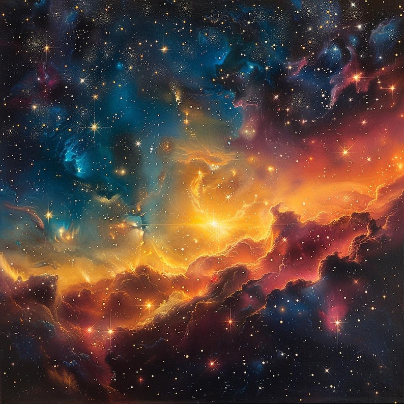 May include: A vibrant nebula with swirling clouds of orange, yellow, and blue, illuminated by a bright star in the center. The nebula is set against a backdrop of a dark, starry sky.
