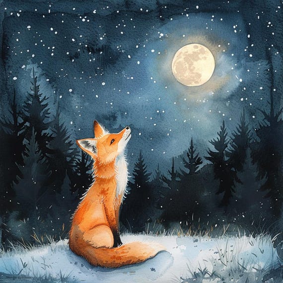 24 Woodland Fox Under the Moon Clipart, Winter Forest Animal Clipart, Magical Night Scene Art, Fox and Moon Printable Art