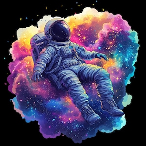 19 astronautas flotando en el espacio colorido, imágenes prediseñadas transparentes de alta calidad, planetas PNG, creación de tarjetas, descarga instantánea, ciencia ficción, espacio
