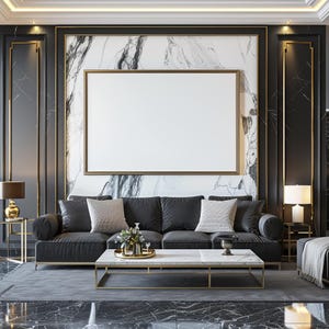 May include: A luxurious living room with a black sofa, marble coffee table, and gold accents. The room features a large framed blank canvas, marble walls, and two side tables with lamps. A rug covers the floor.