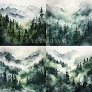 Op de afbeelding: Een digitaal schilderij van een mistige bossen sc&egrave;ne met hoge, groene bomen en glooiende heuvels. De mist cre&euml;ert een gevoel van mysterie en diepte in het beeld.