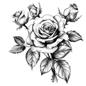 May include: A black and white illustration of a rose with leaves and buds. The rose is in full bloom and has a delicate, intricate design.