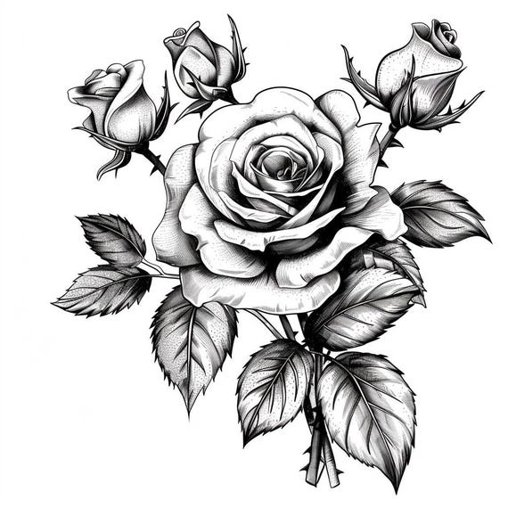 24 Rose Clipart, Black and White Floral Illustration, Botanical Art, Flower Graphic, Rose Drawing, Digital Download, Commercial Use