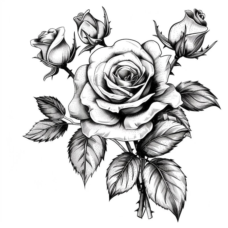Op de afbeelding: Een zwart-witte illustratie van een roos met bladeren en knoppen. De roos is in volle bloei en heeft een delicaat, ingewikkeld ontwerp.