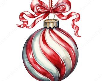 May include: A red and white striped Christmas ornament with a red and white striped bow. The ornament is hanging from a gold string.