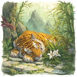 Imágenes prediseñadas de 24 tigres, tigres durmiendo, arte del bosque de bambú, gráficos de fauna asiática, imágenes prediseñadas de la selva, ilustración de tigre, descarga digital