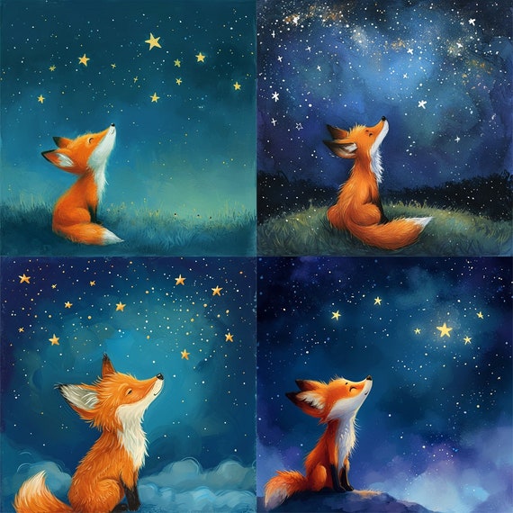 あめとゆきA3複製原画-Sweet night-キツネExtraEdition 星を見上げる水彩画キツネのクリップアート24点 - 保育園のアート