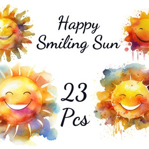 23 Cliparts de Sol Feliz e Sorridente, PNG Transparente de Alta Qualidade, Clipart de Aquarela, Criação de Cartões, Planejador Digital, Artesanato em Papel Digital