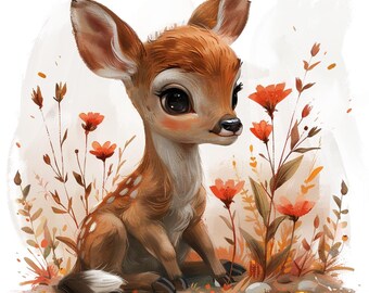 24 かわいい森の鹿のクリップアート、花を持つ赤ちゃん鹿のイラスト