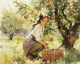 May include: A young woman in a white blouse and brown skirt picks apples from a tree and places them in a woven basket. The scene is painted in watercolor with a soft, dreamy feel.