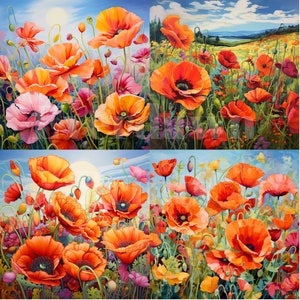 May include: A vibrant painting of a field of red poppies in full bloom. The flowers are arranged in a random pattern, with some flowers in the foreground and others in the background. The painting is done in a realistic style, with attention to detail in the petals, leaves, and stems.