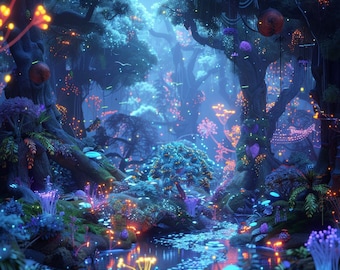 May include: A magical forest scene with glowing blue and purple lights, a stream of water, and trees decorated with glowing hearts and orbs.