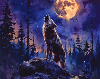 20 Howling Wolf Clipart, Full Moon Clipart, Night Forest Clipart, Watercolor Wolf Clipart, Animal Clipart, Forest Scene, Digital Download