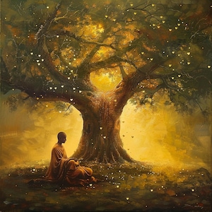 May include: An artistic painting depicts a serene scene of a monk meditating under a large tree. The tree's branches are adorned with heart-shaped lights, and the overall color palette is warm, with golden and brown tones.