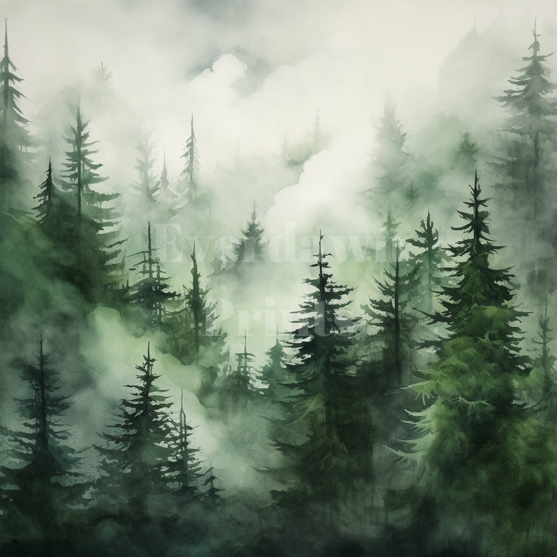 Op de afbeelding: Een aquarel schilderij van een mistig bos met hoge groenblijvende bomen. De bomen zijn geschilderd in tinten groen en de mist is een zacht wit.