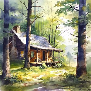 Op de afbeelding: Een aquarel van een klein houten huisje in het bos. Het huisje heeft een veranda en een schoorsteen. De bomen zijn groen en de lucht is blauw. De aquarel is geschilderd in een realistische stijl.
