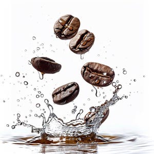 May include: A dynamic image of coffee beans with water droplets, some falling into a splash of water. The brown beans are wet, with water droplets and splashes creating a striking contrast against a white background.