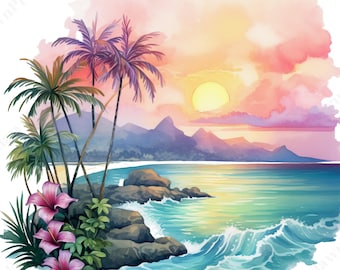 24 Watercolor Hawaii Clipart - Transparent PNG - Tropical Island Clipart in PNG format Card Making Instant download for Commercial use