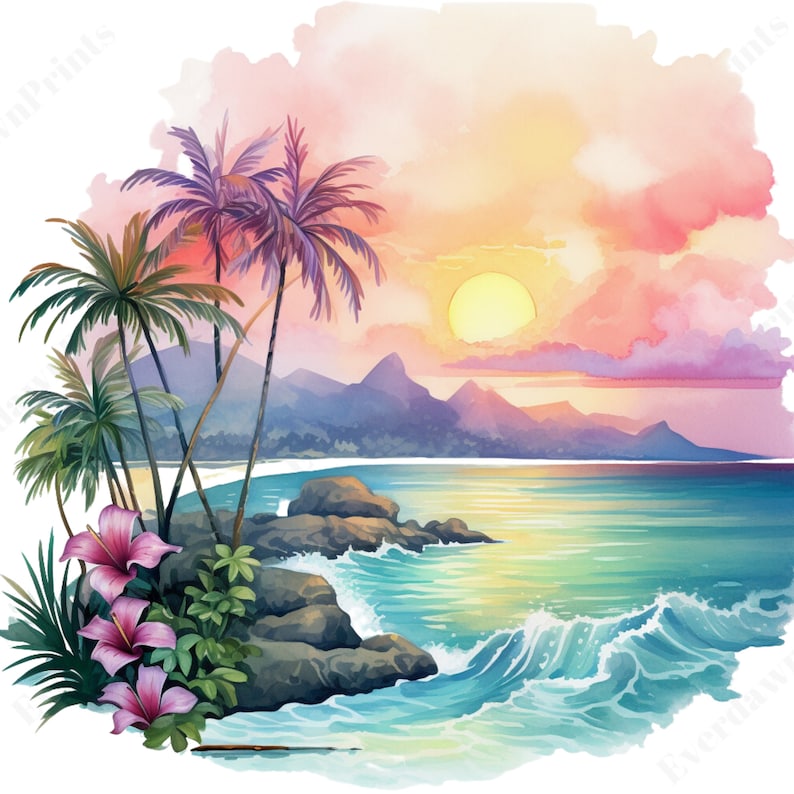 May include: A watercolor painting of a tropical sunset over a beach with palm trees and a bright orange sun. The water is a turquoise blue with white waves crashing on the shore. There are pink flowers in the foreground.