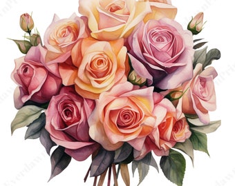Watercolor Rose Bouquet Clipart – 15 PNG Floral Designs (Digital Download)