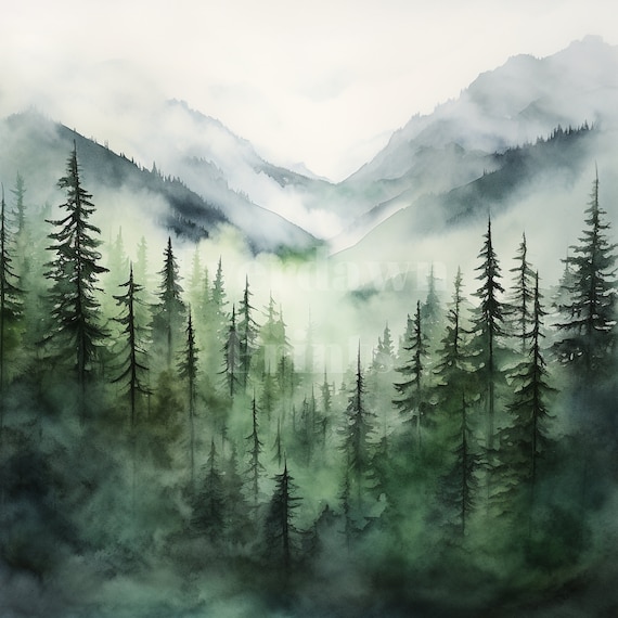 20 Watercolor Trees and Mountains, High Quality PNG, 300 dpi, Watercolor Forest Clipart, Card Making, Digital Planner