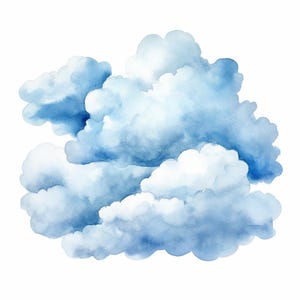 Op de afbeelding: Waterverf schilderij van een pluche, witte wolk met tinten blauw. De wolk is geïsoleerd op een witte achtergrond.