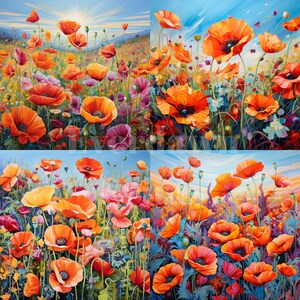 May include: A vibrant painting of a field of orange poppies in full bloom. The flowers are surrounded by green foliage and a blue sky with white clouds. The painting is a celebration of nature's beauty.