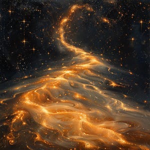 May include: A swirling, abstract galaxy with a golden glow. The galaxy is filled with stars and a river of light that flows through the center.