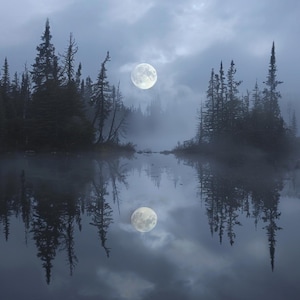 Può includere: Una luna piena pende nel cielo sopra un lago tranquillo, che si riflette nell'acqua. Il lago è circondato da alberi sempreverdi scuri, creando un'atmosfera misteriosa e serena.