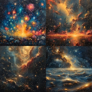 May include: A digital painting of four different space scenes. Each scene features a nebula with swirling clouds of gas and dust, and a scattering of stars. The colors are vibrant and range from deep blues and purples to bright oranges and yellows.