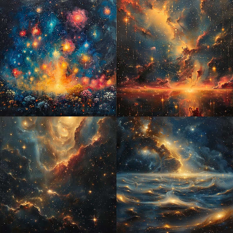 May include: A digital painting of four different space scenes. Each scene features a nebula with swirling clouds of gas and dust, and a scattering of stars. The colors are vibrant and range from deep blues and purples to bright oranges and yellows.