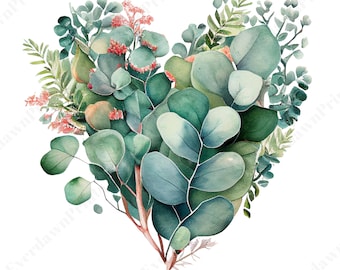 Clipart di cuore floreale di eucalipto, verde ad acquerello (download digitale)