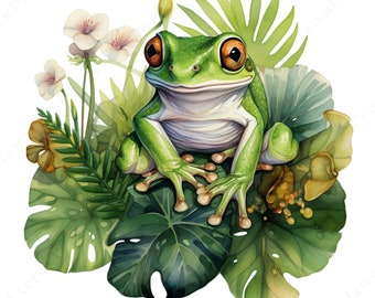 May include: A green tree frog with orange eyes sits on a bed of lush green leaves. The frog has a white belly and is surrounded by tropical plants.