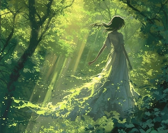 Woman in Forest Watercolor Clipart, Fantasy Backgrounds (Digital Download)