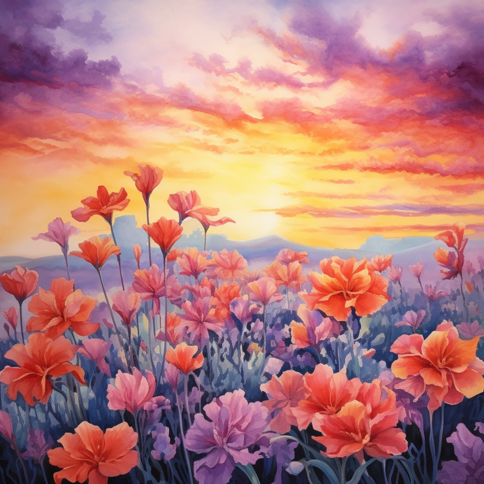 24 Watercolor Sunset Floral Clipart, Watercolor Flowers Clipart, High ...