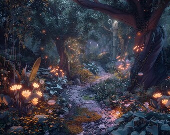 May include: A magical forest path illuminated by glowing flowers and fireflies. The path winds through lush greenery and leads to a mysterious, moss-covered structure.