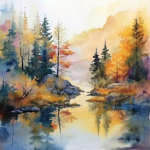 24 Clipart aquarelle paysage d'automne, téléchargement numérique, art mural nature, paysages d'automne imprimables, décoration d'intérieur rustique, vue sur le lac de montagne