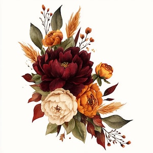May include: Watercolor illustration of a floral arrangement featuring a large burgundy peony as the focal point. Accompanying blooms include orange and cream-colored peonies, with accents of green leaves and wheat-colored grasses. The arrangement is set against a white background.