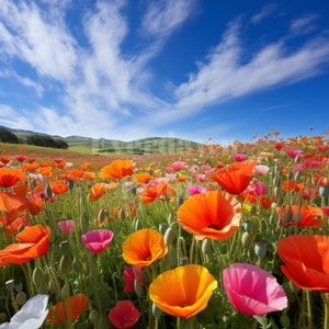 May include: A field of vibrant red, orange, and pink poppies bloom under a bright blue sky with white clouds.