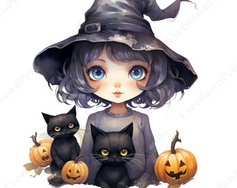 Watercolor Happy Witch Clipart, Halloween, Spooky PNG (Instant Download)